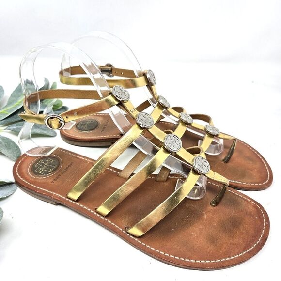 TORY BURCH Alexis Metallic Gladiator Ankle Strap Sandals - Picture 1 of 12